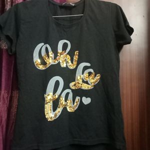 Black Casual Tshirt for Women with Golden Work