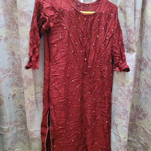 Red Mirror Work Kurti Set With Palazzo And Dupatta