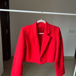 Mandarin Collar Long Sleeve Red Crop Blazer