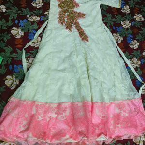 New White And Pink Long Ethnic Gown