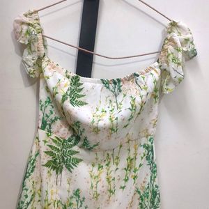 Off White And Green Tropical Printed Dress