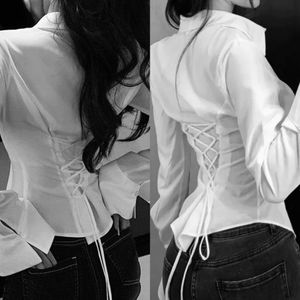 Black Lace Up Corset Fitted Shirt Y2k