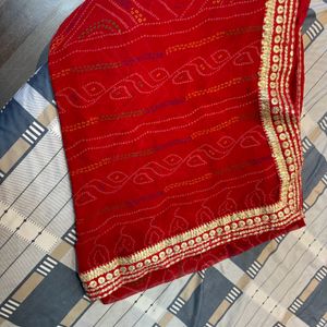 Tomato Red Bandhani Sari With gota Patti Border