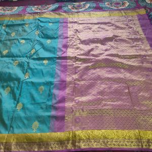 Teal With Purple Pure Silk Saree