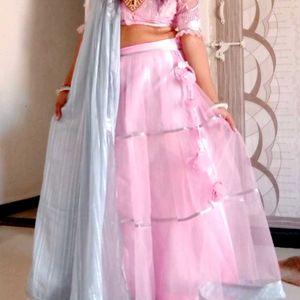 Pink And Grey Net  Lehanga Choli