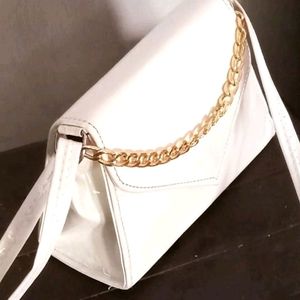 White Slingbag With Golden Chain For Girls And Wom