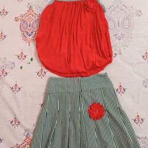 Tshirt Skirt Set,Red Top, Black White Check Bottom