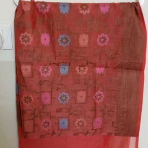 Coral Red Cotton Woven Dupatta