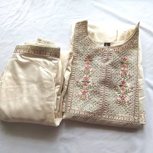 Cream Embroidered Kurta Set (Women's)