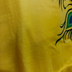 Yellow Morpankh Print Kurti With Tie Knots At Wais