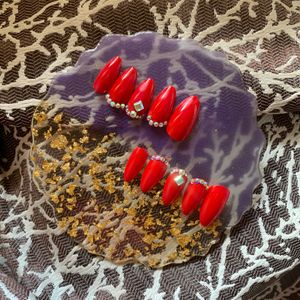 Red Rhinestones Press On Nails