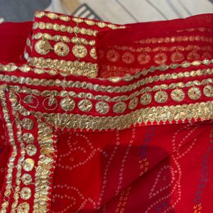 Tomato Red Bandhani Sari With gota Patti Border