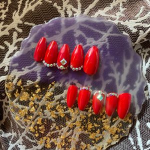 Red Rhinestones Press On Nails