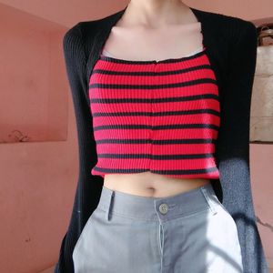 Korean Contrast Sleeve Knitted Top