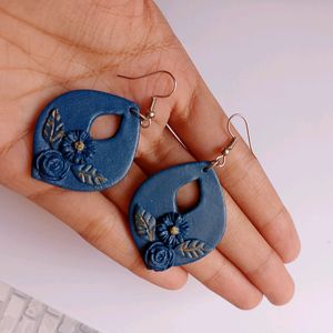 Blue And Golden Porcelain Clay Floral Earrings