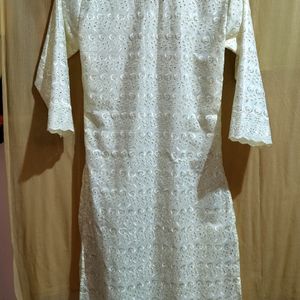 Off-white Embroidery Straight Kurti