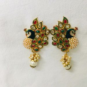 Peacock And Pearl Earrings With Multi Stones