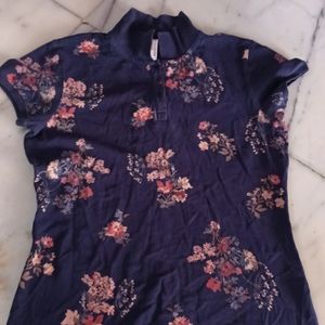 Navy Blue Colour Shirt Type Top With Flower Print