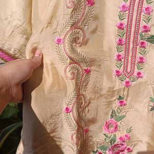 Golden Shiny Embrodied Kurti With Pants