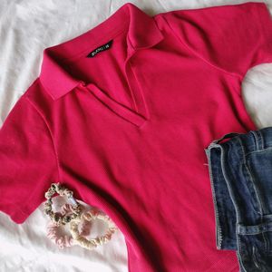 Pink Fitted Polo Tee Cropped