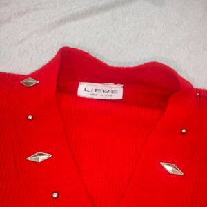 Women Red Cardigan Sweater