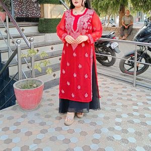 Red Mirror Work Chikankari Kurti