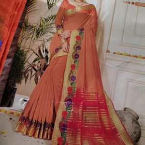 Orange  Chanderi Cotton Saree (Women)