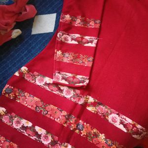 Maroon Red Short Kurti With Floral Print Strips