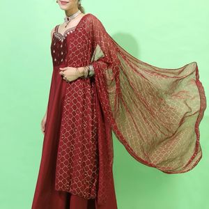 Maroon Anarkali with golden printed dupatta