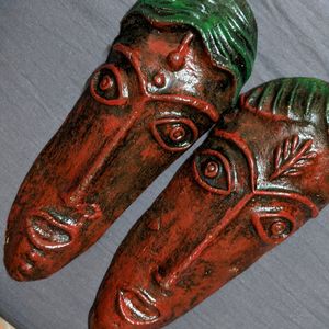 Set of 2 Terracotta Clay Tribal Face Couple Mask