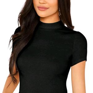 Lime Solid Women High Neck Black Tshirt