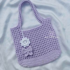 Crochet Mesh Bag With Charms🤍💜