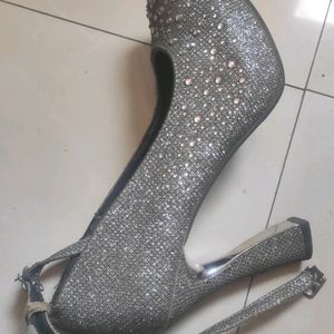 Grey Party Wear High Heels With Stones