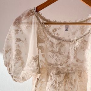 Puff Sleeved Lace Embroidery Sheer Top