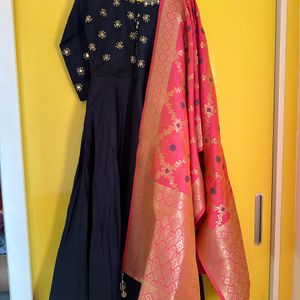 Navy Blue Anarkali With 2 Duppatas