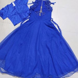 Blue designer gown with flares and with inner & accessory for girls