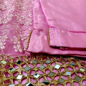 Pink Suit Set With Mirror Work & Thread