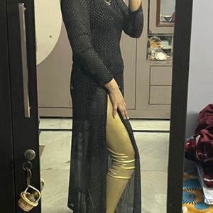 Black Kurti With Front Slits And Golden Leggings