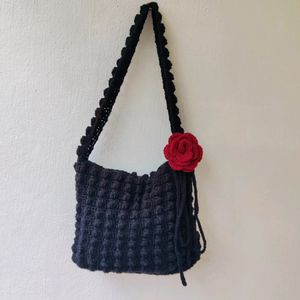 Crochet Black Popcorn With Rose Bag