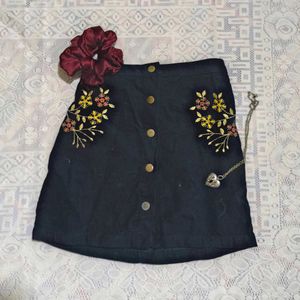 Dark Embroidered Velvet Button Down Mini Skirt