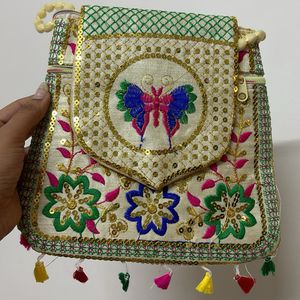 Off White Butterfly Sequins Embroidered Sling Bag