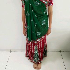 Red And Green Color Mix Heavy Saree