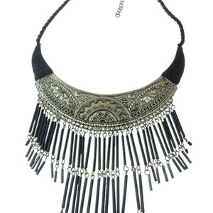 Black and oxidised silver-toned statement necklace