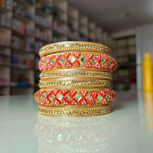 Stunning Red & Golden Bangle Set Of 6pcs