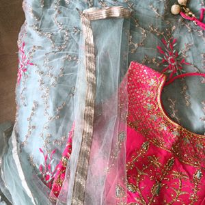 Pink And Sea Green Lehnga With Dupatta