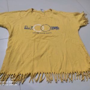 yellow fringe style printed top