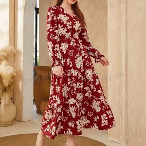 Maroon Mulvari Floral Print Flounce Sleeve Dress