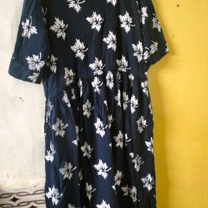 Blue Round Kurti With White Print