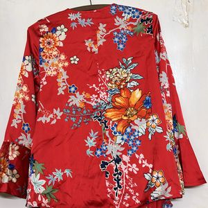 Red Floral Flared Sleeves Wrap Top