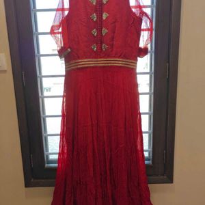 Maroon Partywear Gown With Golden Border Dupatta